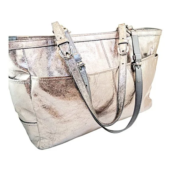 COACH Gallery East West Metallic Pewter Leather Shoulder Tote Bag F17722 - Picture 2 of 7